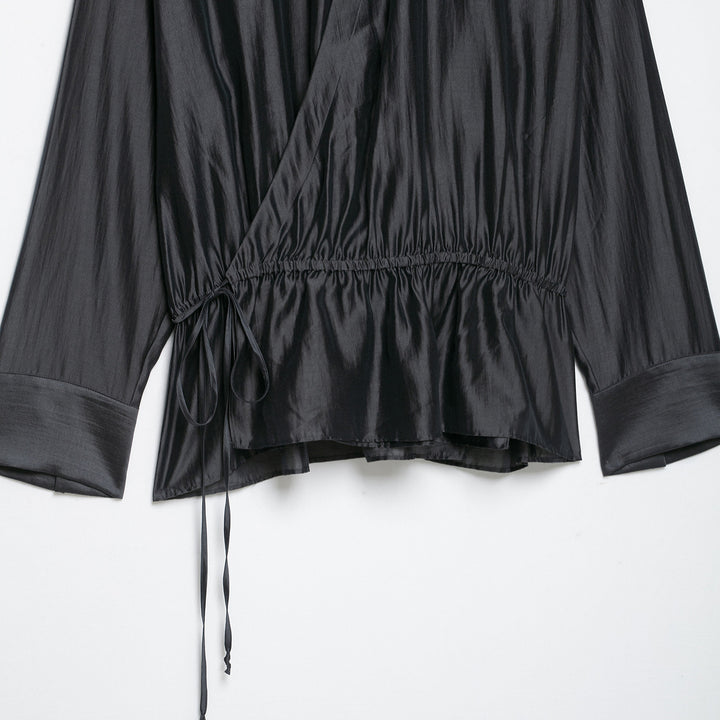 Women's satin blouse with stand-up collar, wrap look and drawstring Amarae