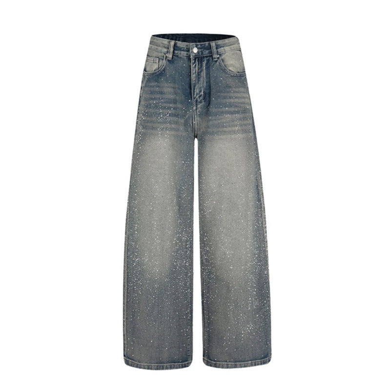 Women wide high-cut palazzo jeans with glitter effect and vintage wash Amarae