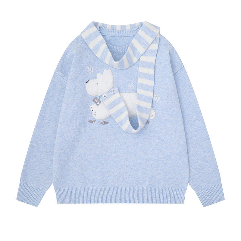 Women's Cozy Knit Sweater with Polar Bear Applique and Integrated Striped Scarf Amarae