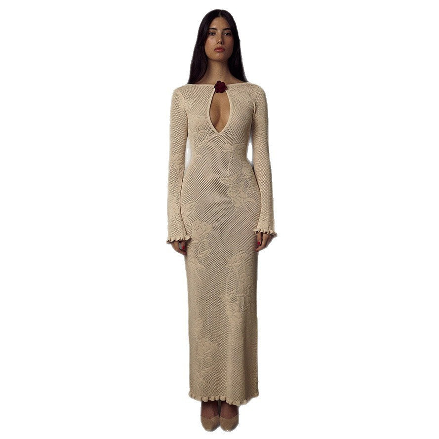Maxi dress for women with plunging neckline and refined crochet pattern Lune London
