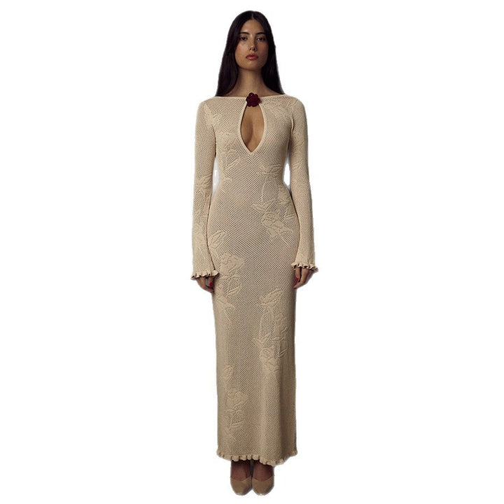 Maxi dress for women with plunging neckline and refined crochet pattern Lune London