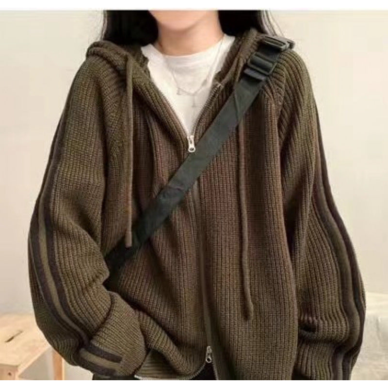 Casual knit hooded sweater for women with a deep V-neckline and chic side stripes