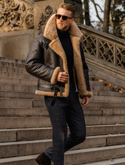 Robust leather jacket for men with warm plush collar Amarae