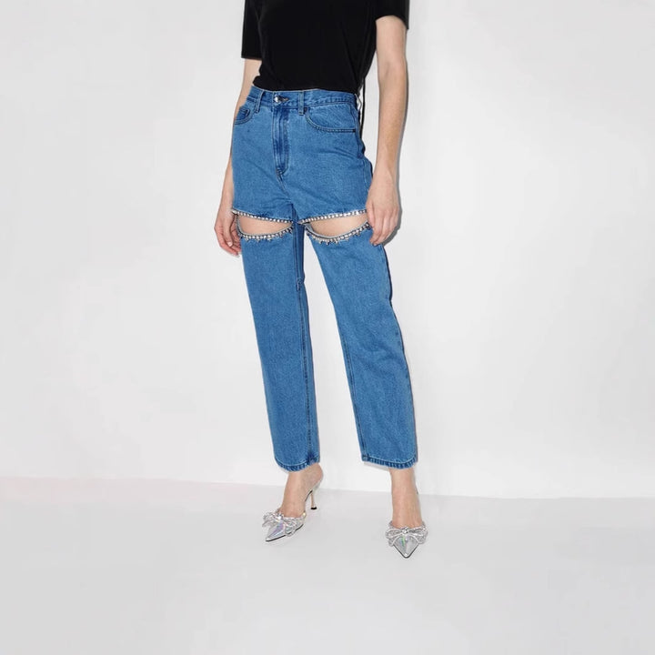 Designer distressed women's jeans with glitter applications Chic & Stil