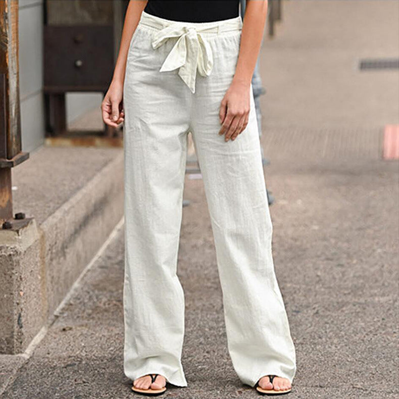 Linen pants for women with elastic waistband and tie belt Lune London