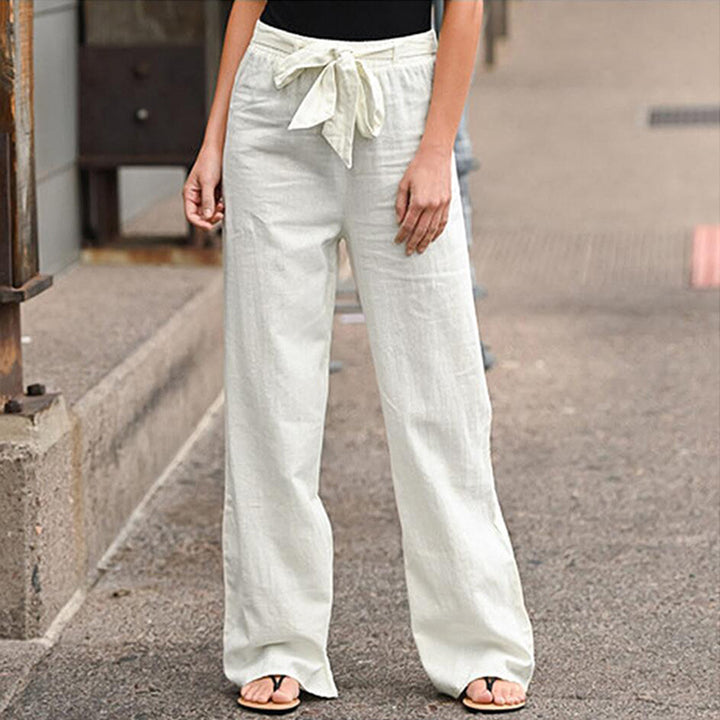 Linen pants for women with elastic waistband and tie belt Lune London