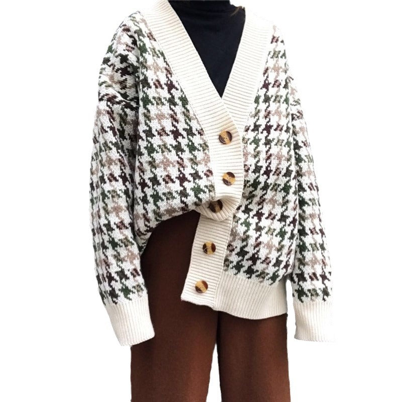 Lune London houndstooth pattern women's knit jacket with decorative buttons