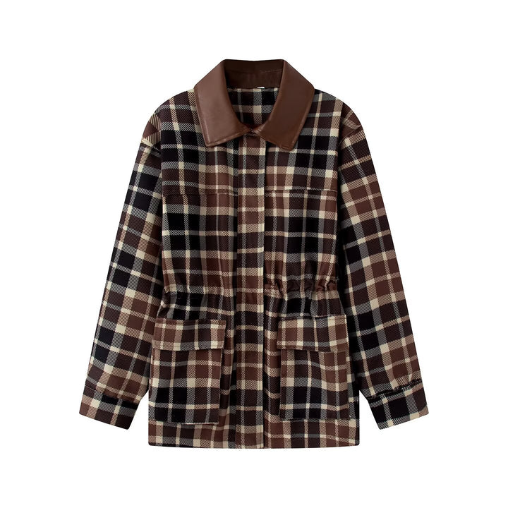 Women Checked Jacket with Faux Leather Collar, Drawstring Waist and Flap Pockets Amarae