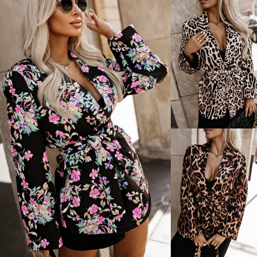 Ladies Elegant Blazer Jacket with Animal Print and Belted Waist Amarae