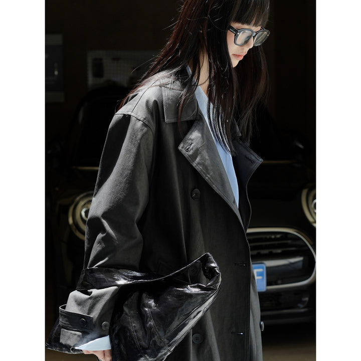 Women’s Long Oversize Trench Coat made of Cotton Blend with Lapel Collar and Waist Belt Amarae