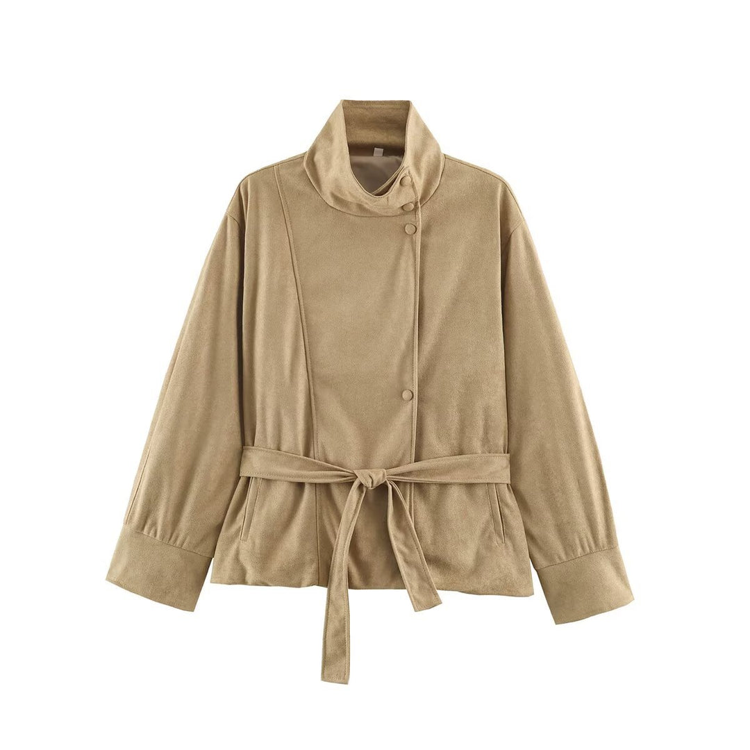 Women's Boxy Wrap Jacket in Velour Look with High Stand-Up Collar and Tie Belt Amarae