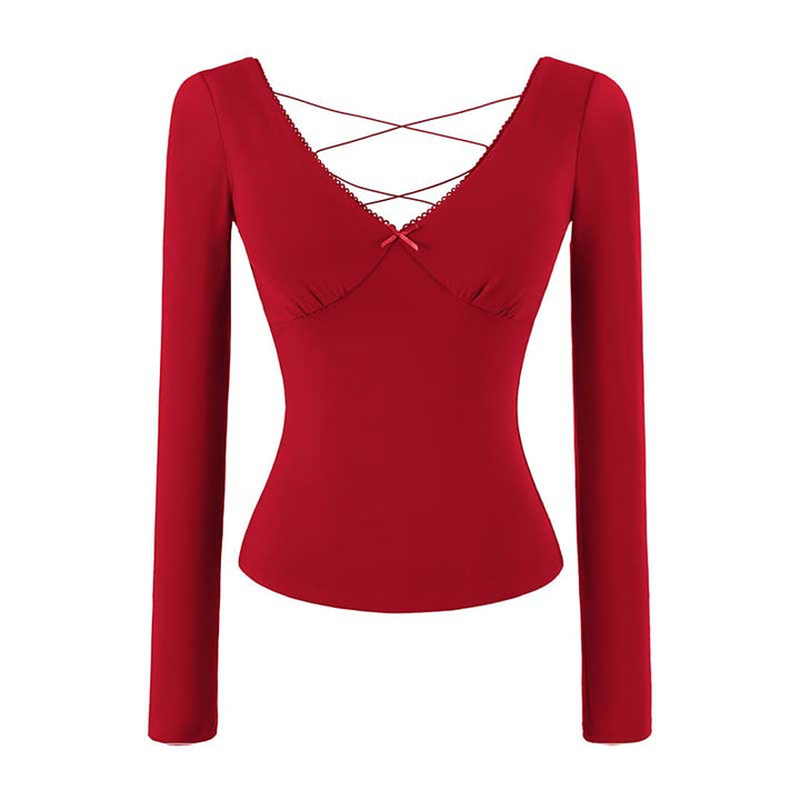 Women's Figure-Hugging Long Sleeve Top with Deep V-Neck, Crossed Spaghetti Straps and Lace Edge