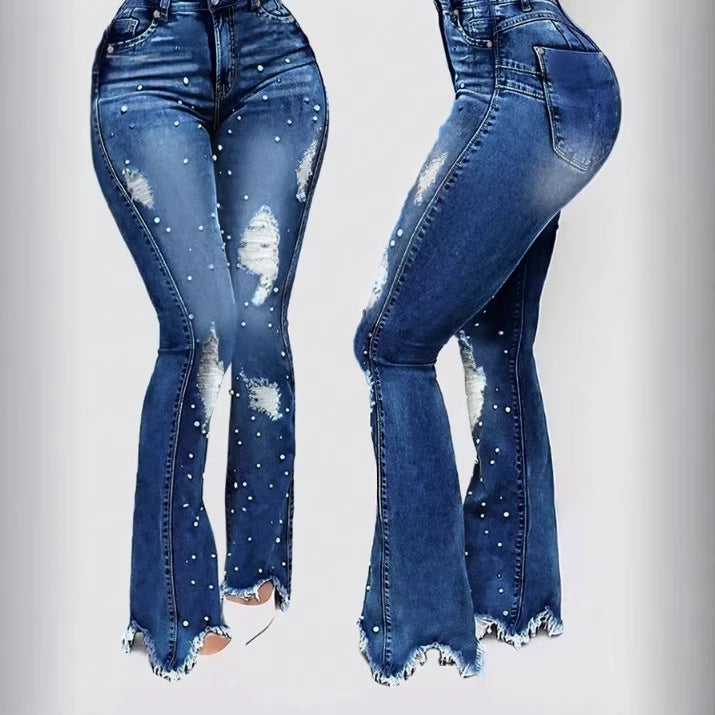 Ladies high-waisted flared jeans with bead appliqué, destroyed effects and frayed hem Amarae