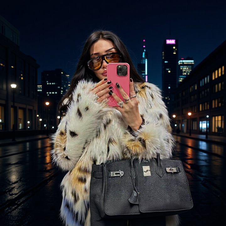 Women Short Faux-Fur Jacket with Dotted Lynx Print and Minimalist Stand Collar Amarae