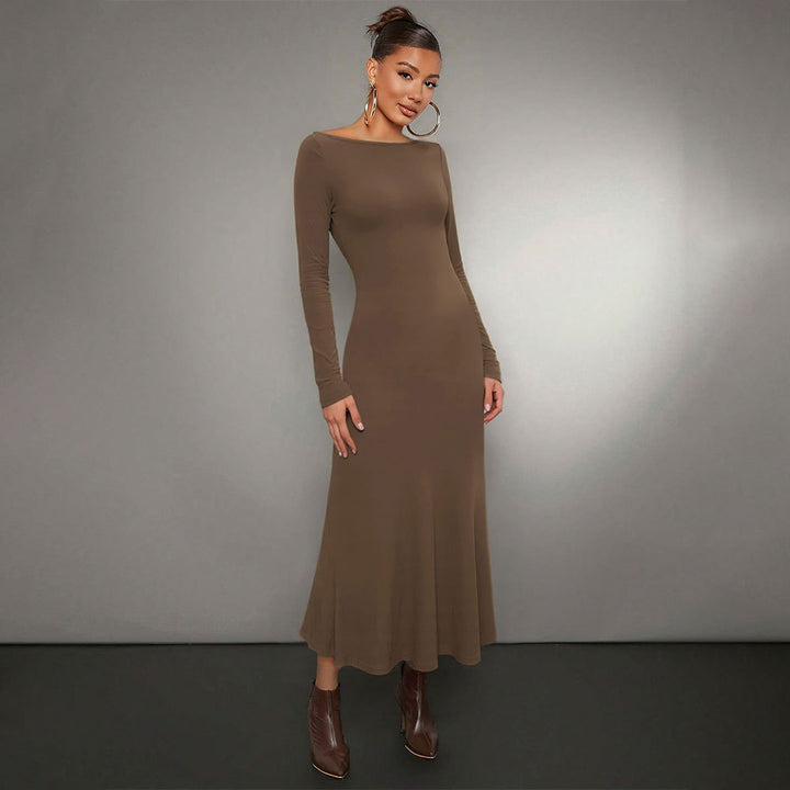 Robe midi à manches longues pour femmes avec encolure ronde élégante et ourlet volant Chic & Stil
