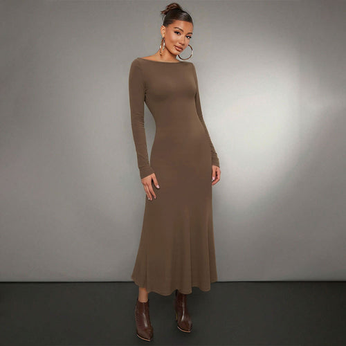 Robe midi à manches longues pour femmes avec encolure ronde élégante et ourlet volant Chic & Stil