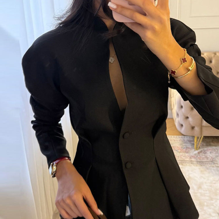Women's Tailored Short Jacket with Stand Collar, Slit Neckline and Princess Seams Amarae
