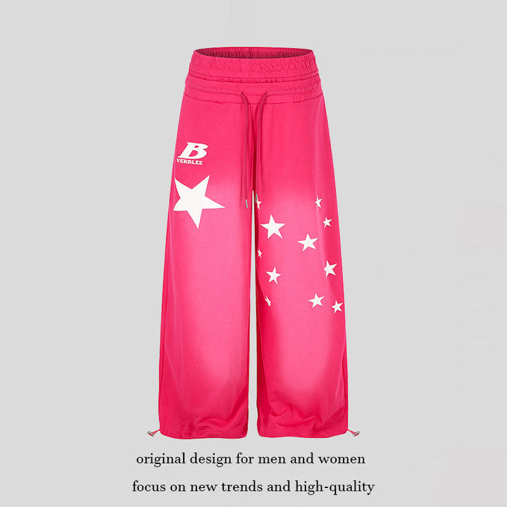 Ladies Wide High-Waist Palazzo Lounge Pants made of Stretch Jersey with Elastic Waistband, Drawstring, Adjustable Hem Cords and Star Print