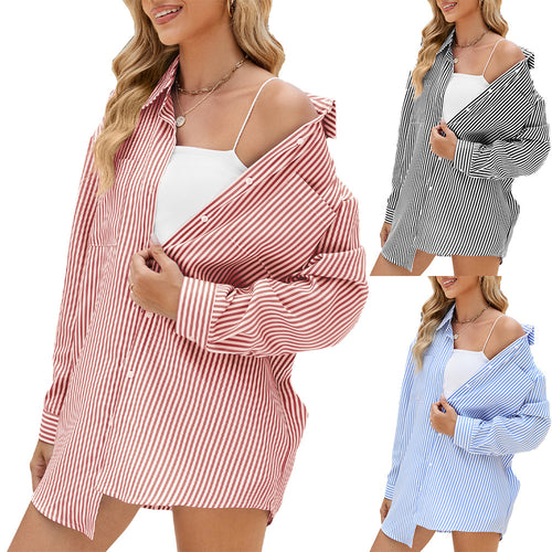 Casual oversized shirt for women with a subtle striped pattern and button details Amarae