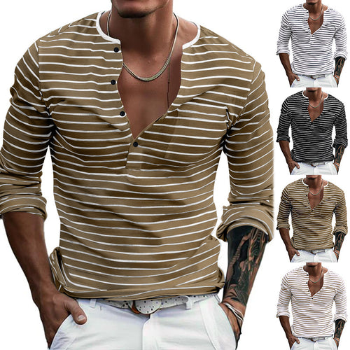 Striped long-sleeved shirt for men with button placket and V-neck Amarae