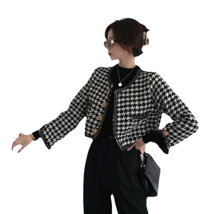 Designer jacket for women in houndstooth design with golden buttons Lune London