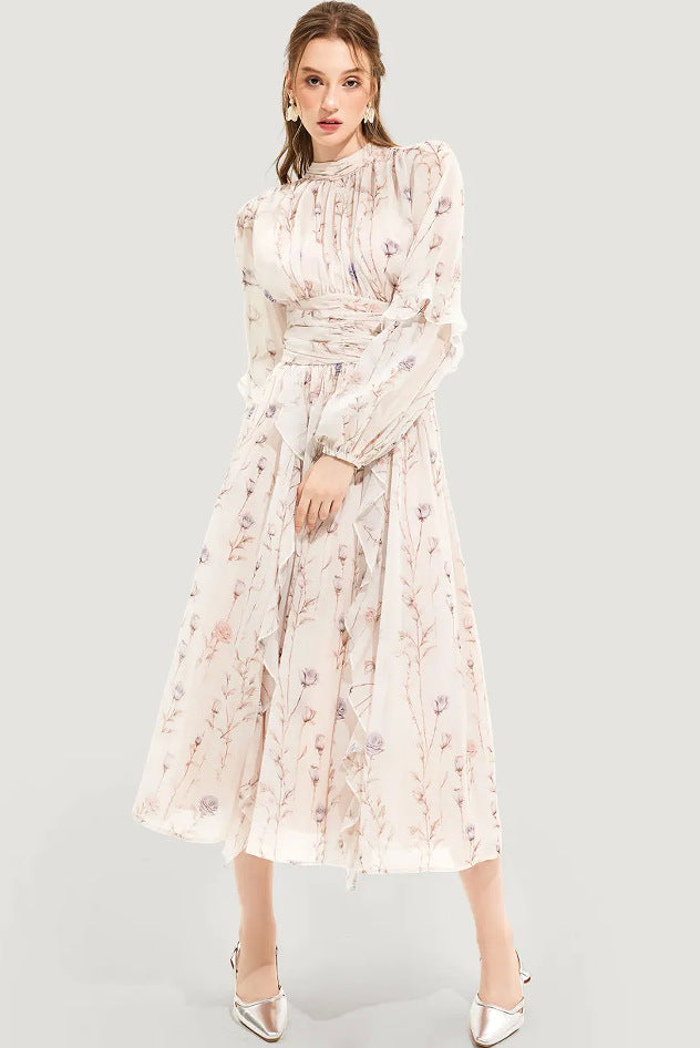 Women's midi dress with floral embroidery and elegant ruffled hem Lune London