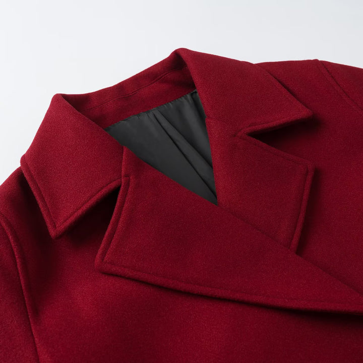 Women Short Double-Breasted Wool Mix Short Coat with Large Lapels, Roll-Up Cuffs and Flap Pockets Amarae