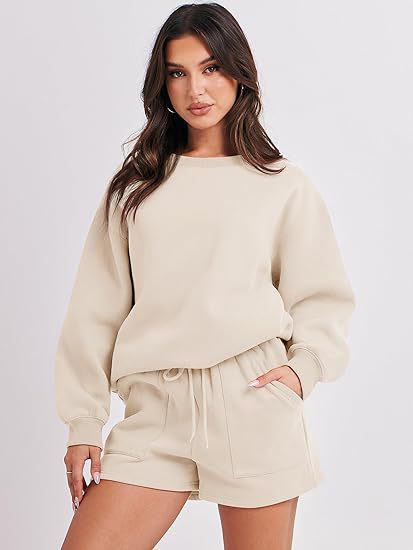 Women's Casual Two-Piece Lounge Sweatset with Oversized Round Neck Sweatshirt and High-Waist Relax Shorts Amarae