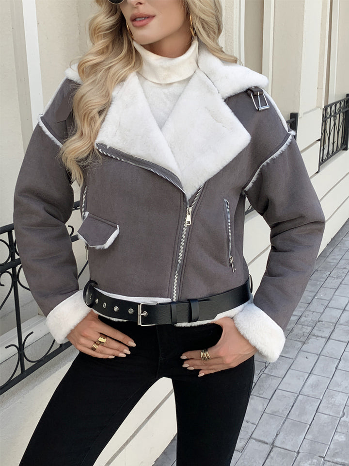 Fashion women's leather jacket with faux fur collar and belt Lune London