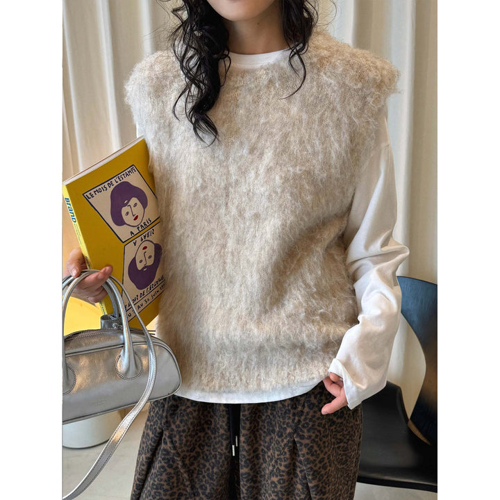 Women Fluffy Sleeveless Boxy Knit Vest with Soft Mohair Effect Amarae