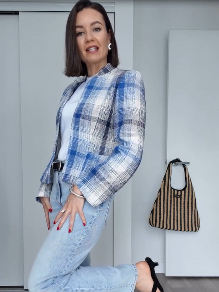 Women Boxy Checkered Short Blazer with Stand-Up Collar and Structured Shoulder Amarae