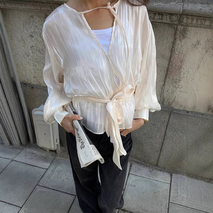 Women Elegant Wrap Blouse with Tie Belt and Voluminous Balloon Sleeves Amarae