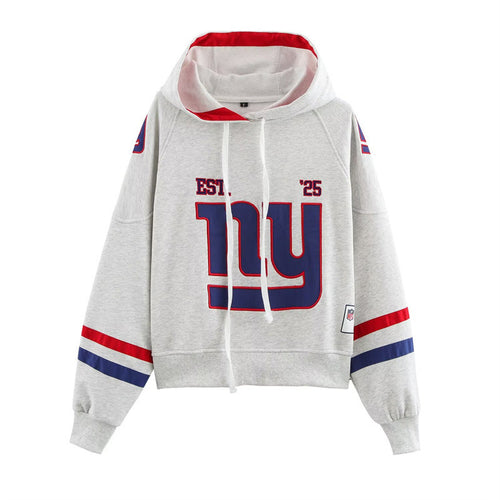Sporty cropped hoodie for women with colorful graphic element and practical drawstring Amarae
