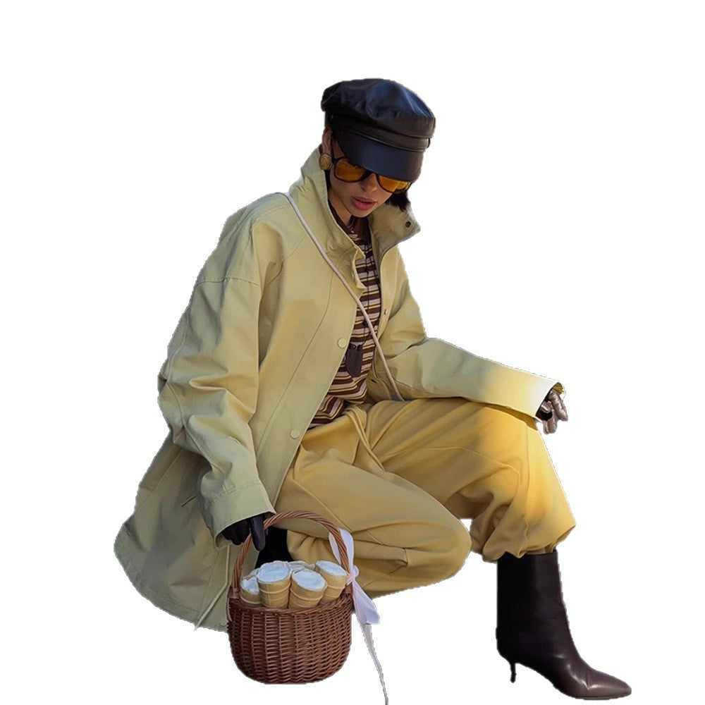 Women's Oversize Rain Jacket with Drawstring Waist, High Stand-Up Collar & Flap Pockets Amarae