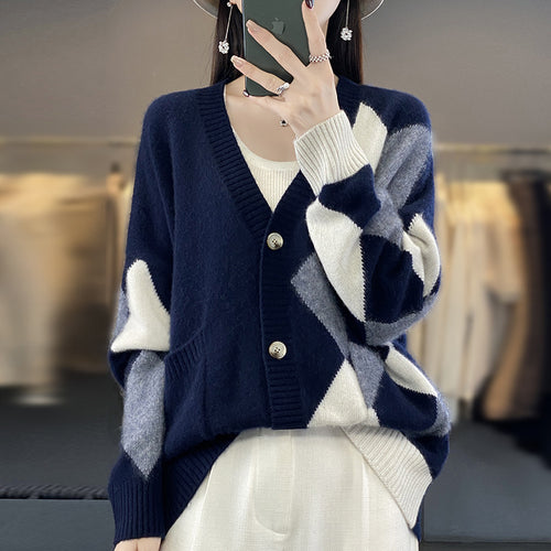Women's chunky knit jacket with a modern plaid pattern and practical pockets Amarae