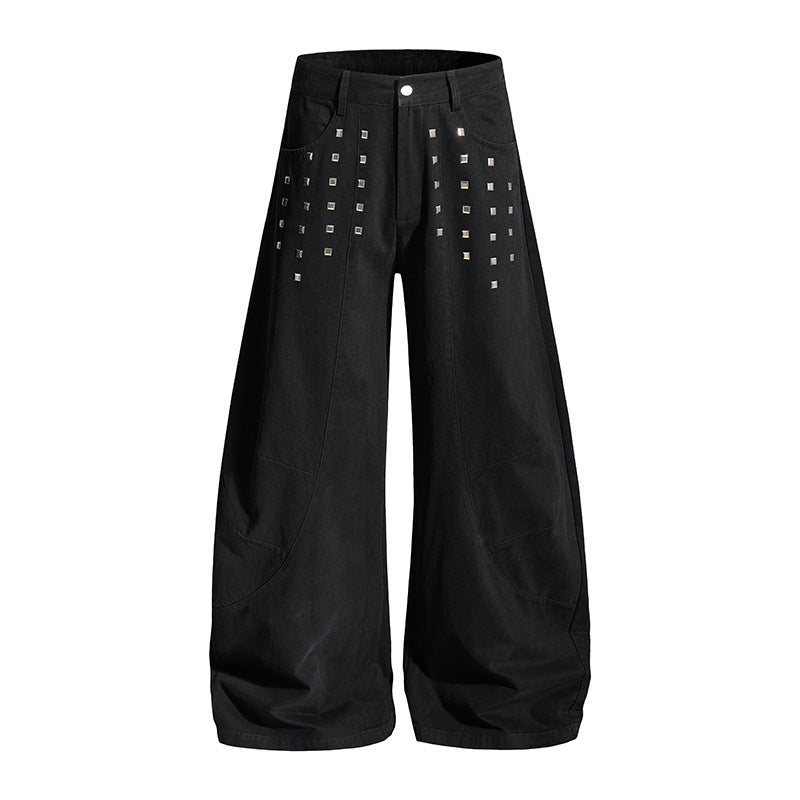 Women Wide Culotte Cargo Pants with High Waist and Metal Rivets, Low Crotch and Patch Pockets Amarae