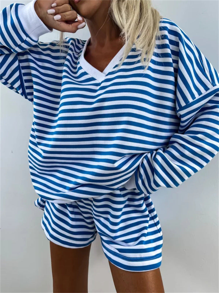 Women casual sweatshirt set with V-neck and sports shorts