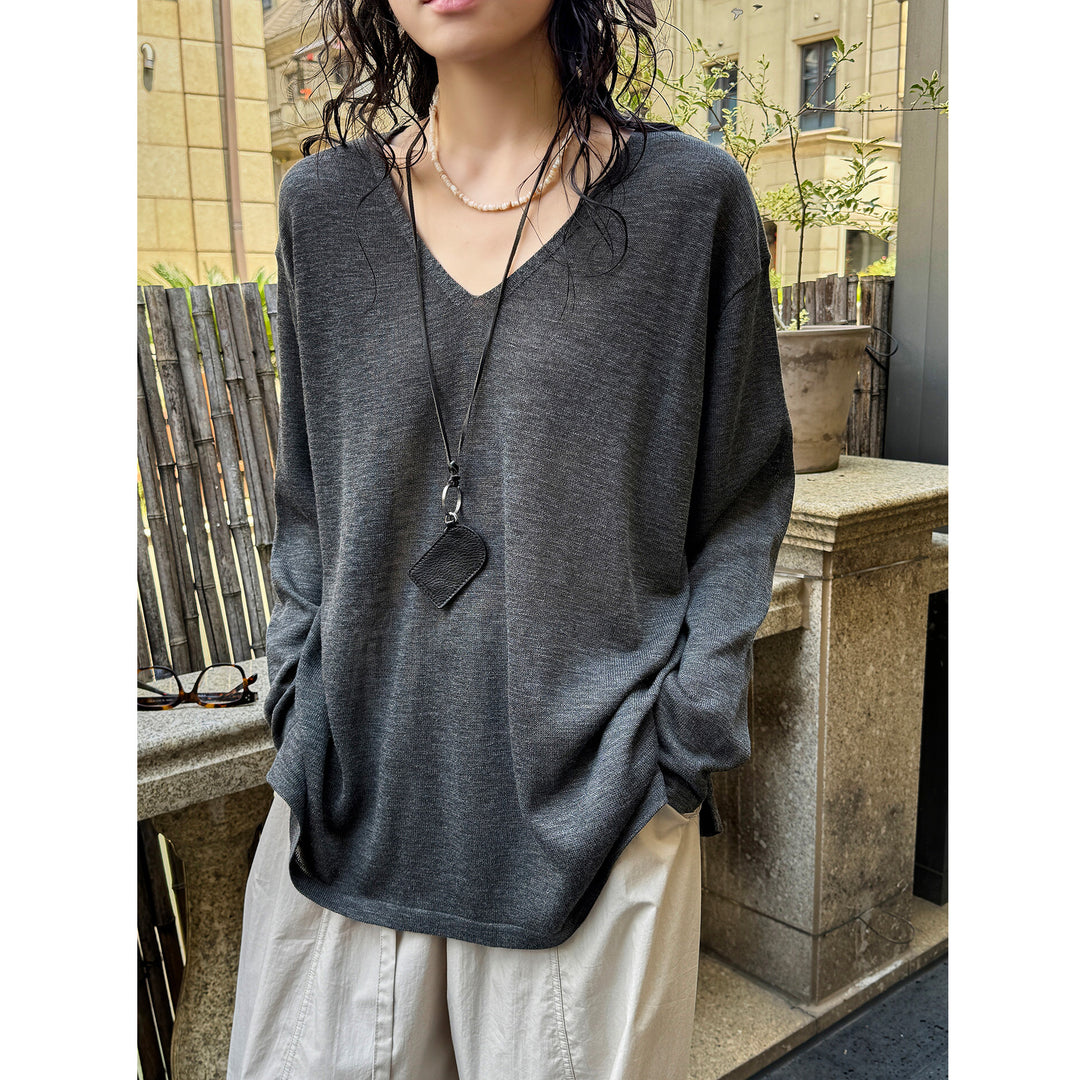 Women Casual V-Neck Fine Knit Long Sleeve with Dropped Shoulder Amarae