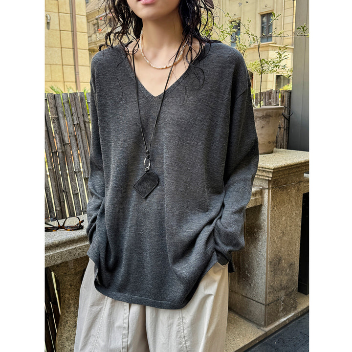 Women Casual V-Neck Fine Knit Long Sleeve with Dropped Shoulder Amarae