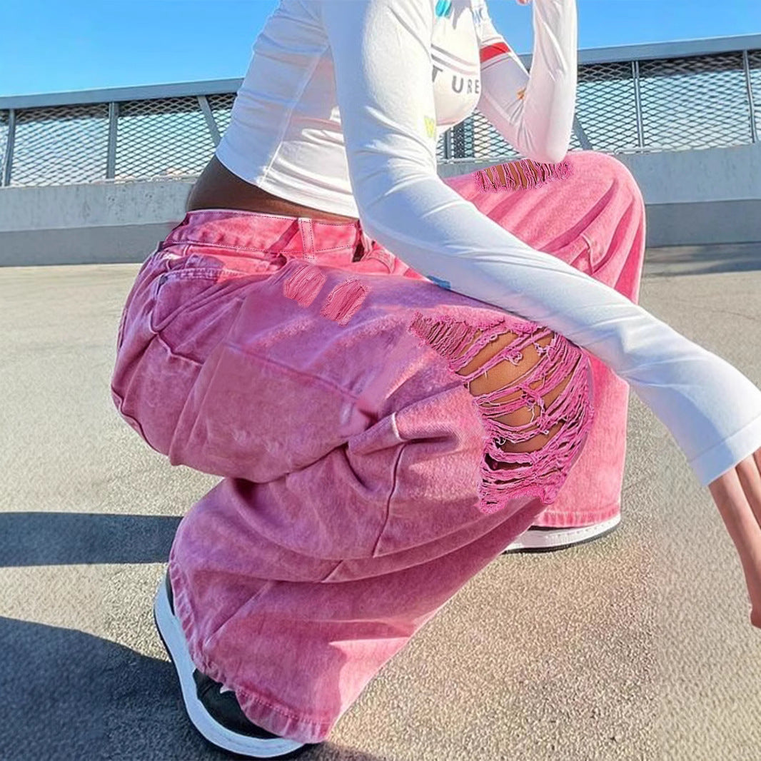 Women High-Waisted Wide Denim Palazzo Pants with Eye-Catching Ripped Inserts Amarae