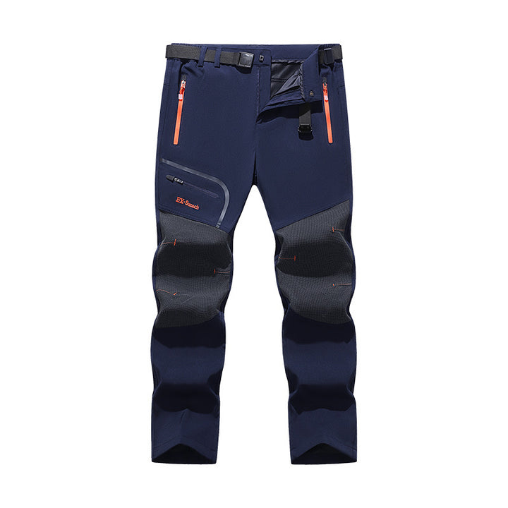 Men's softshell outdoor pants with reinforced knee sections, zippered pockets, and elastic waistband Amarae