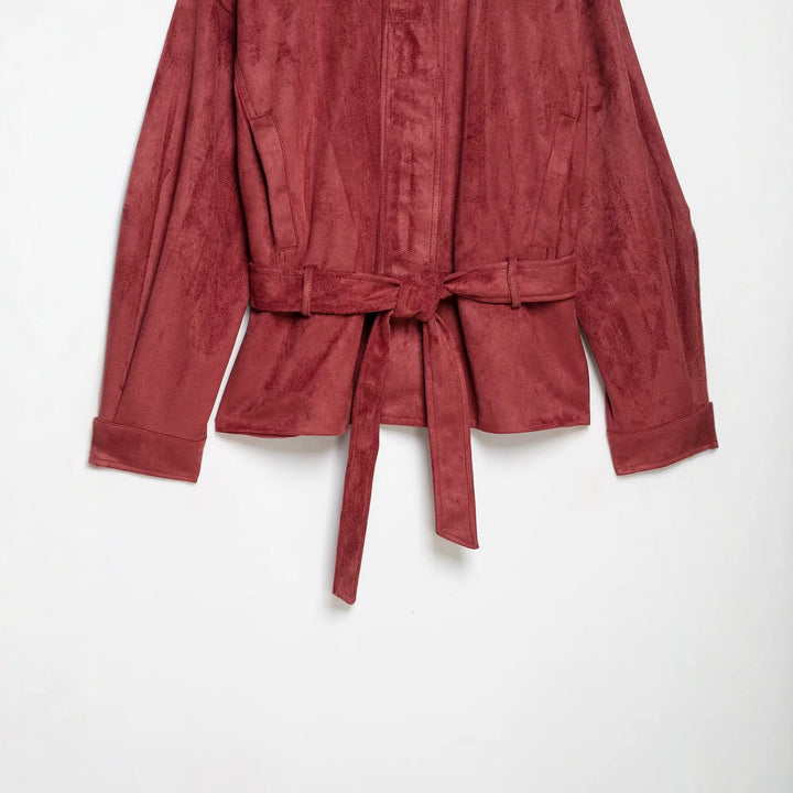 Women's kimono-inspired velour jacket with tie belt and high stand-up collar Amarae