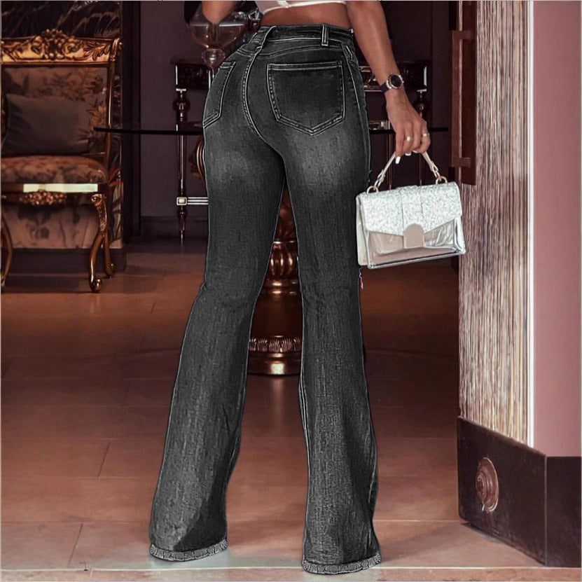 Women's High-Waisted Flared Jeans with Knee Rips, Frayed Hem and Flared Leg Amarae