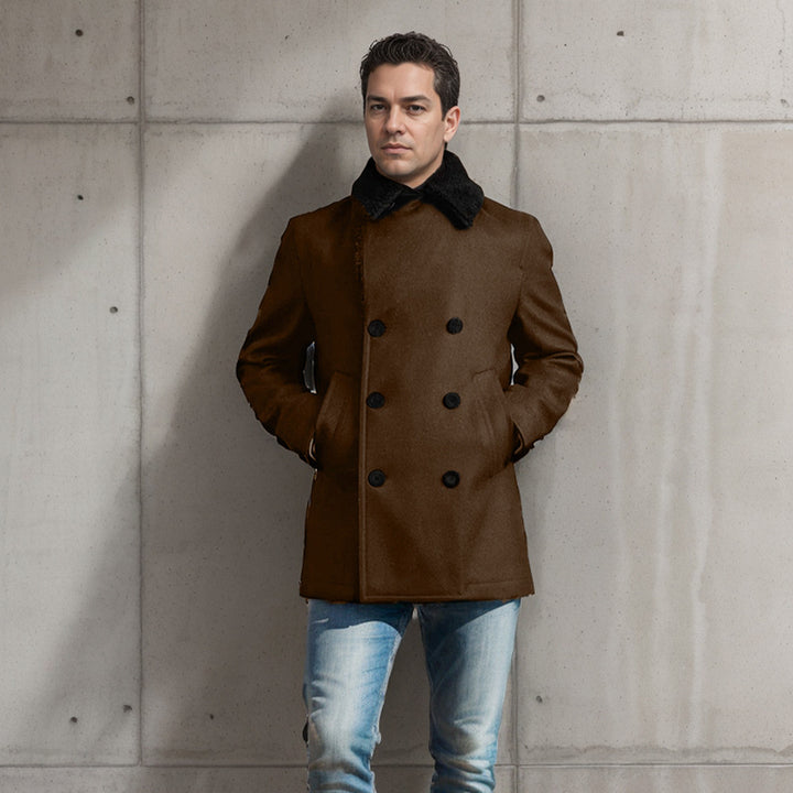 Double-breasted wool coat for men with faux fur collar Amarae