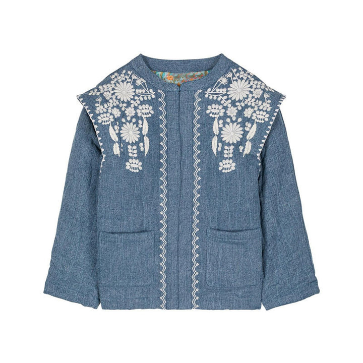 Ladies light embroidered transition jacket with practical pockets Lune London