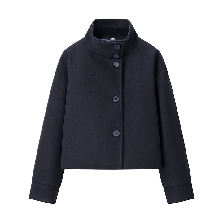 Trendy cropped transitional jacket for women with elegant high collar and practical button details Lune London