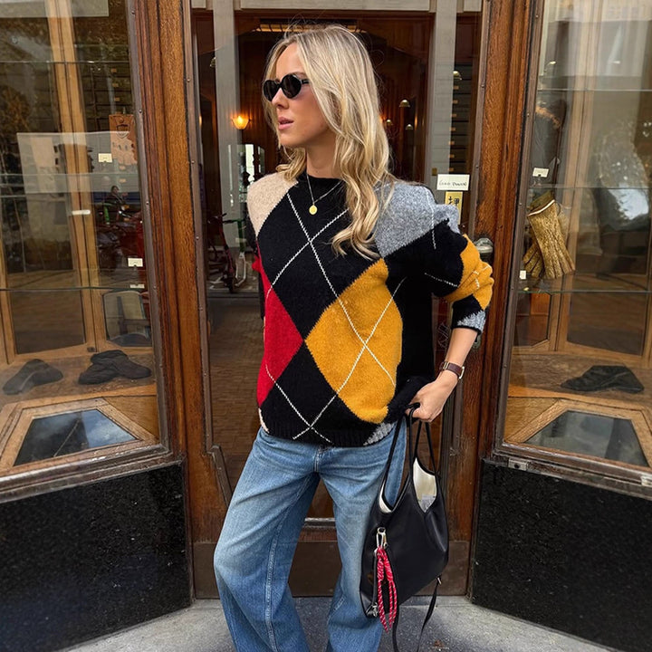 Women's Oversize Argyle Sweater made from Mohair Blend with Round Neck and Contrasting Diamond Details Amarae