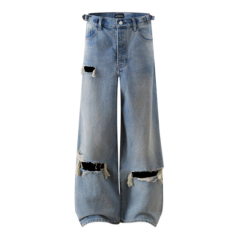 Women Wide Distressed Denim Palazzo Jeans with High Waist and Rip Details Amarae