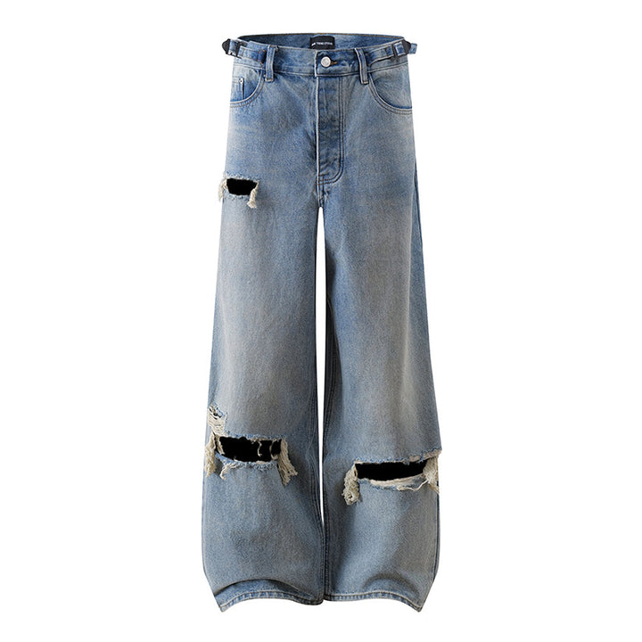 Women Wide Distressed Denim Palazzo Jeans with High Waist and Rip Details Amarae