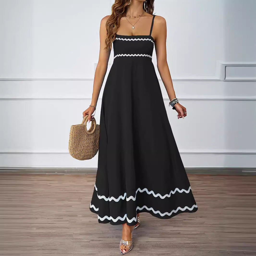 Women Long Maxi Dress with Spaghetti Straps and Decorative Hem Lune London